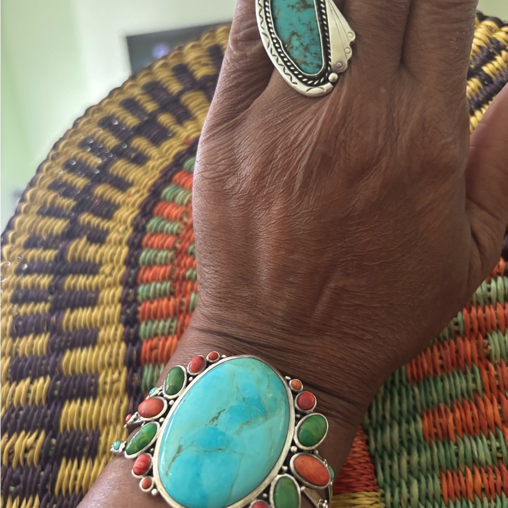 Blue and Orange Statement Cuff Bracelet with Turquoise/wt turquoise ring - Picture 11 of 11